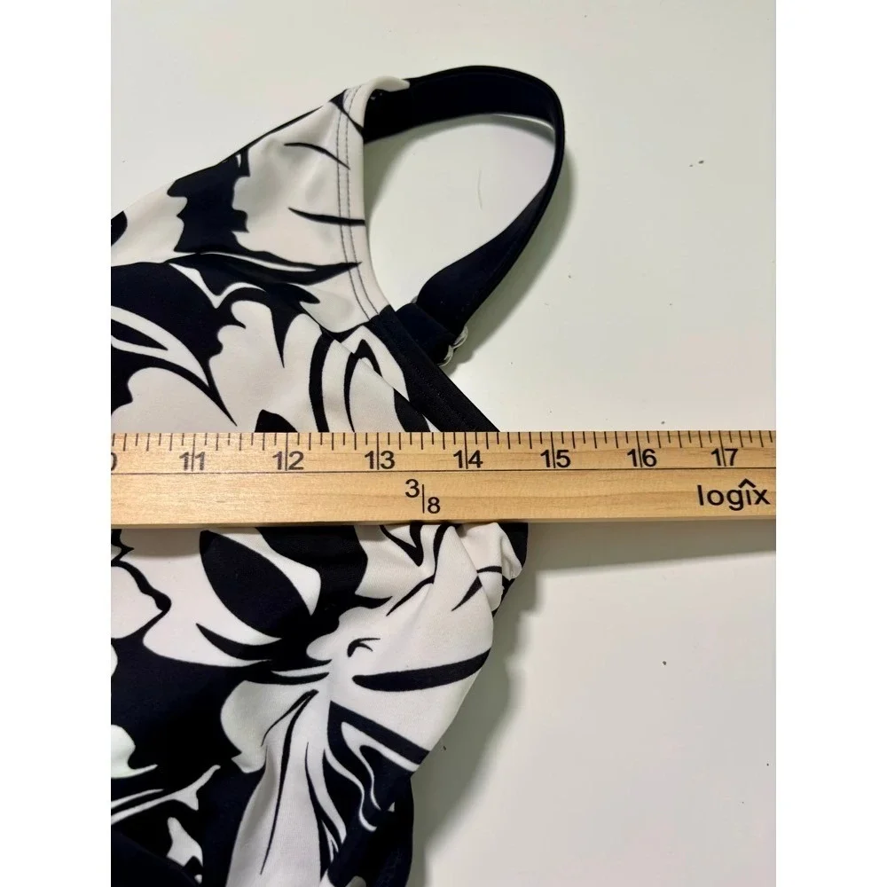Jantzen One Piece Swimsuit 14 Black White Floral Surplice‎ Wrap Resort Vacation